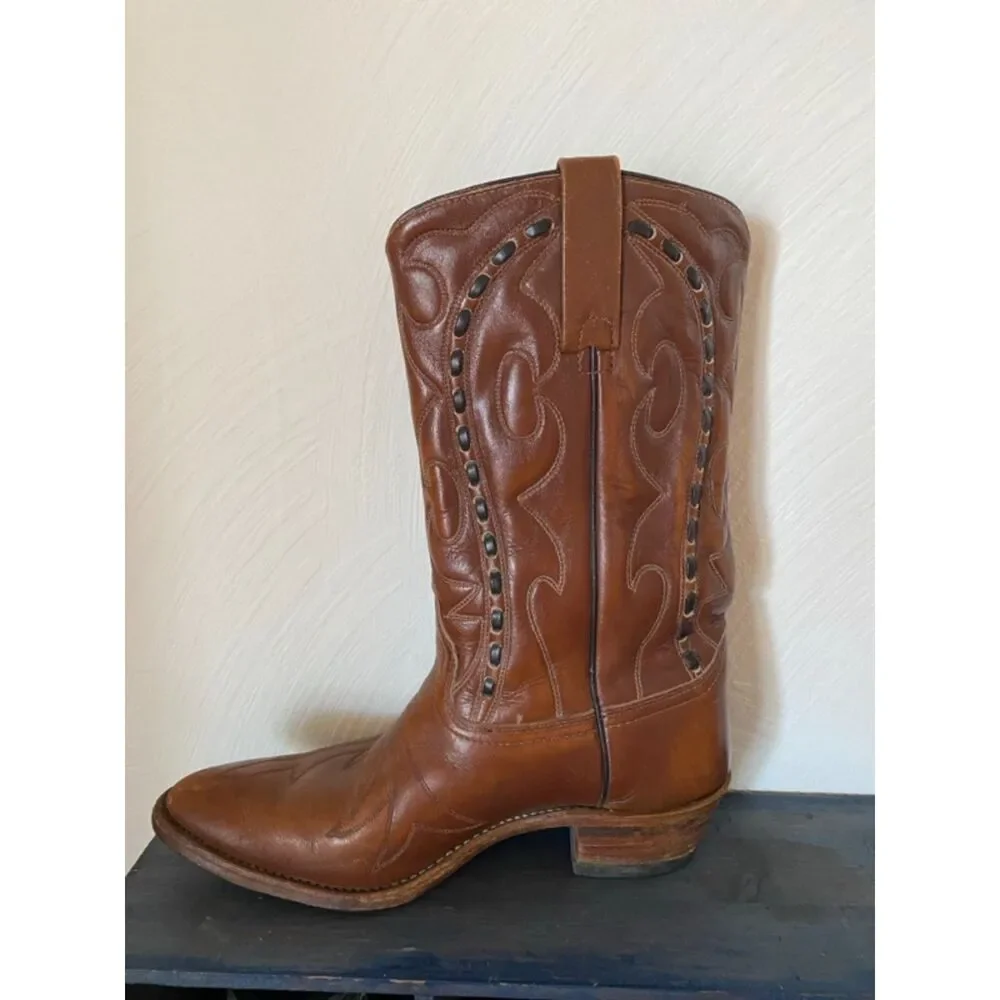 Vintage Durango West Brown Leather Cowboy Boots Mens 8 D 1970s Whipstitch Wester